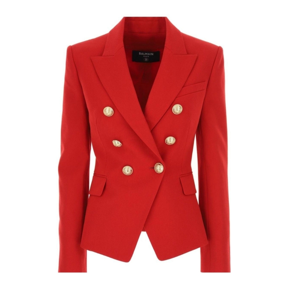 Balmain Button-Embellished Cotton-Piqué Blazer in Red Size 36 NWT